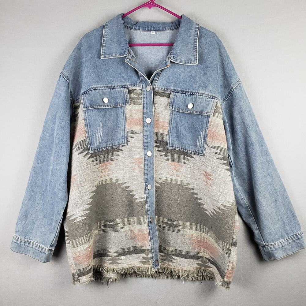 Southwestern Fringe Denim Shacket Neutral Aztec‎ Cowgirl Bohemian Fall Size XXL